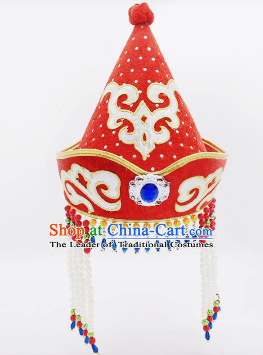 Traditional Chinese Mongol Nationality Red Hats, Mongolian Minority Hair Accessories Dance Headwear for Kids