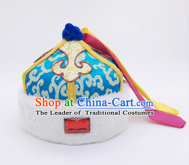 Traditional Chinese Mongol Nationality Children Blue Hats, Mongolian Minority Hair Accessories Dance Headwear for Kids