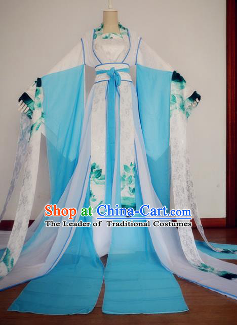 Chinese Ancient Cosplay Fairy Costume Tang Dynasty Imperial Princess Blue Hanfu Dress for Women