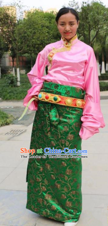 Chinese Traditional Minority Dance Costume Zang Nationality Tibetan Minority Green Skirt for Women