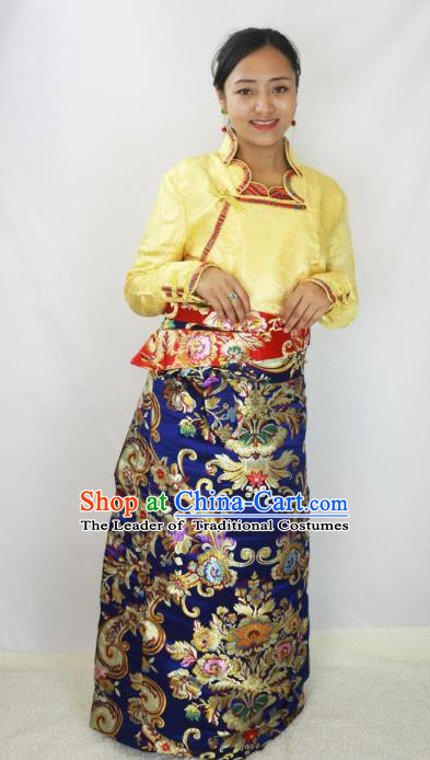 Chinese Traditional Minority Dance Costume Zang Nationality Tibetan Minority Navy Skirt for Women