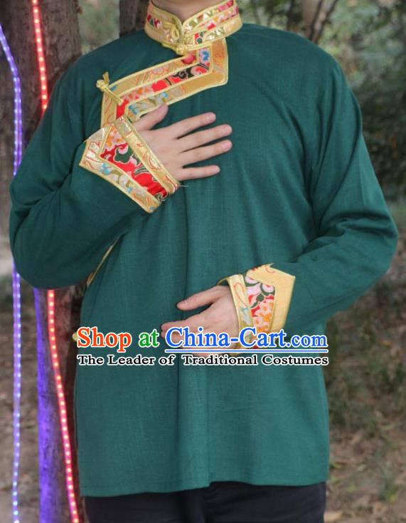 Chinese Traditional Tibetan Minority Dance Costume Zang Nationality Green Shirt for Men