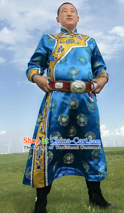 Chinese Mongol Nationality Ethnic Costume Blue Mongolian Robe, Traditional Mongolian Folk Dance Clothing for Men