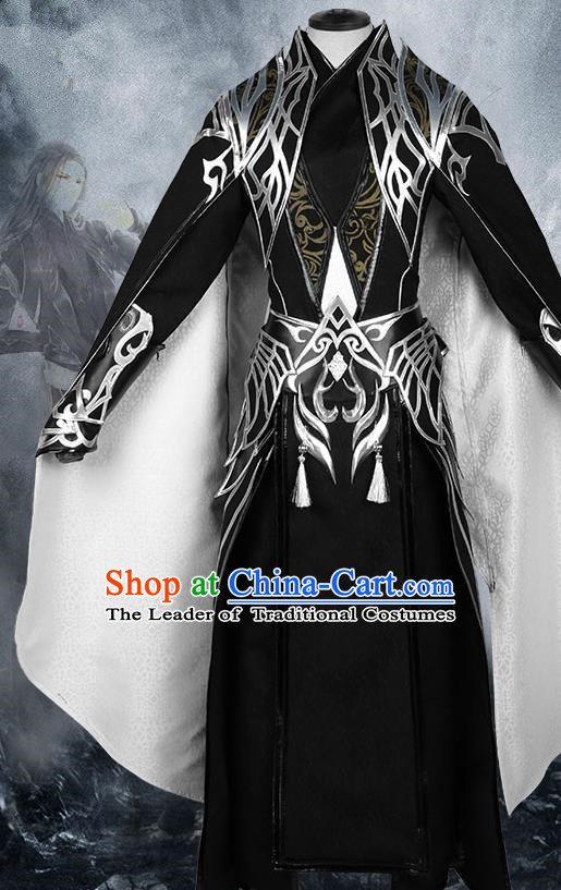 Chinese Ancient Nobility Childe Warrior Black Costume Cosplay Swordsman Clothing for Men