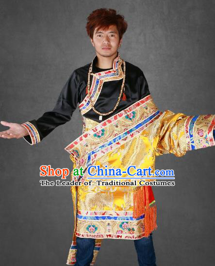 Chinese Traditional Tibetan Minority Dance Costume Zang Nationality Golden Brocade Tibetan Robe for Men