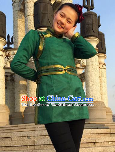 Chinese Traditional Female Ethnic Costume Green Suede Fabric Mongolian Robe, China Mongolian Minority Folk Dance Clothing for Women