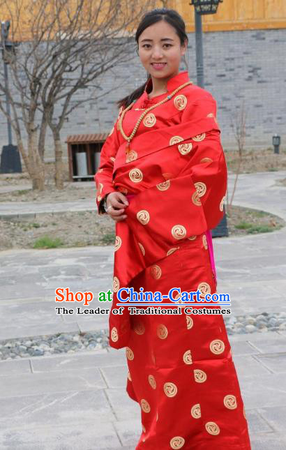 Chinese Traditional Minority Wedding Costume Red Satin Tibetan Robe Zang Nationality Clothing for Women