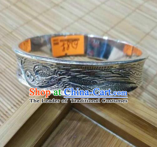 Chinese Zang Nationality Handmade Accessories Bracelet Tibetan Minority Carving Sliver Bangle for Women