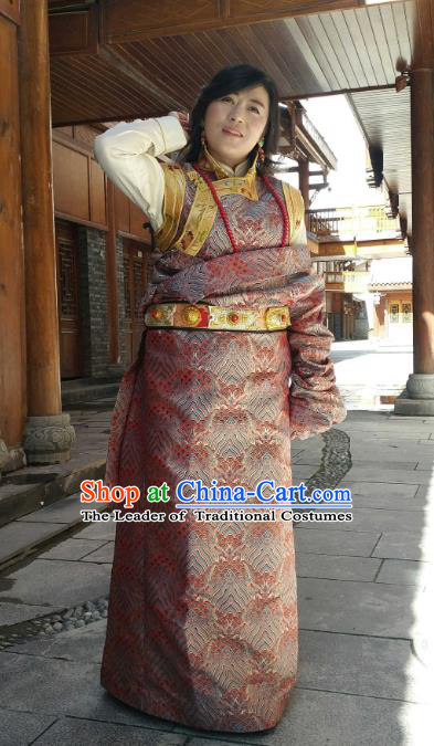 Chinese Traditional Minority Wedding Costume Tibetan Red Brocade Zang Nationality Clothing for Women