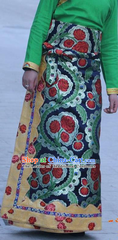 Chinese Traditional Minority Costume Tibetan Navy Brocade Skirt Zang Nationality Clothing for Women