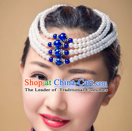 Chinese Traditional Folk Dance Hair Accessories, Mongolian Minority Bride Blue Beads Hair Jewelry Dance Headband for Women