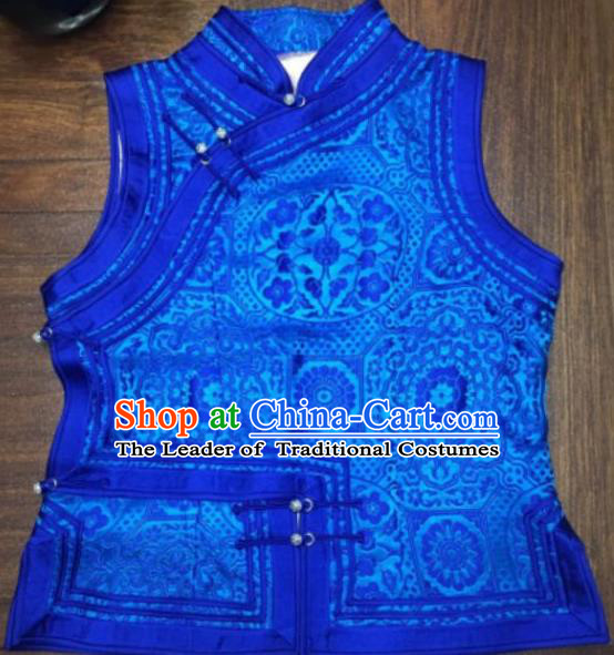 Chinese Traditional Female Ethnic Costume Blue Vest, China Mongolian Minority Folk Dance Waistcoat Clothing for Women