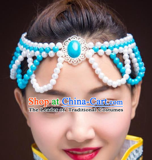 Chinese Traditional Mongol Ethnic Hair Accessories, Mongolian Minority Folk Dance Blue Beads Tassel Headwear for Women