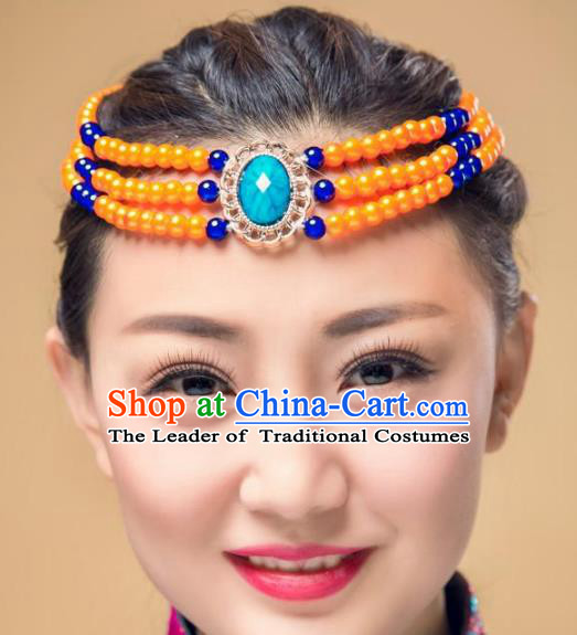 Chinese Traditional Mongol Stage Performance Hair Accessories, Mongolian Minority Folk Dance Orange Beads Headwear for Women