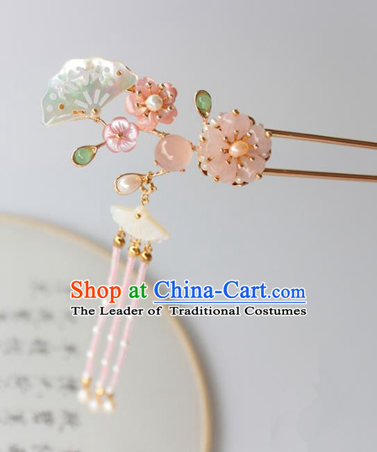 Chinese Ancient Handmade Shell Fan Hair Clip Hair Accessories Hanfu Tassel Hairpins for Women