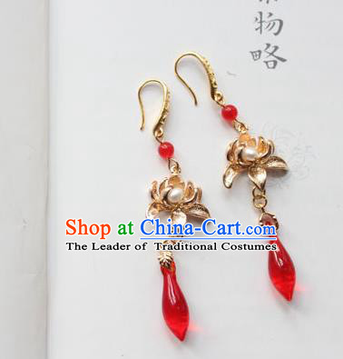 Chinese Ancient Handmade Hanfu Brass Lotus Earrings Accessories Eardrop for Women