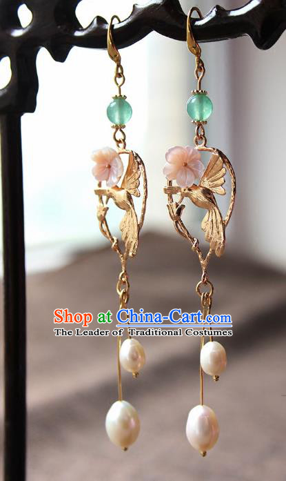 Chinese Ancient Handmade Hanfu Accessories Golden Tassel Earrings for Women