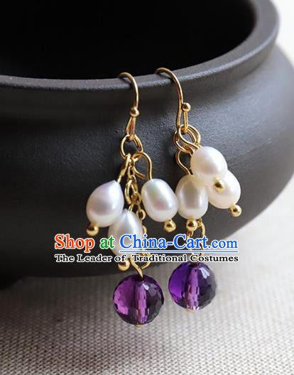 Chinese Ancient Handmade Classical Pearls Earrings Accessories Hanfu Purple Bead Eardrop for Women