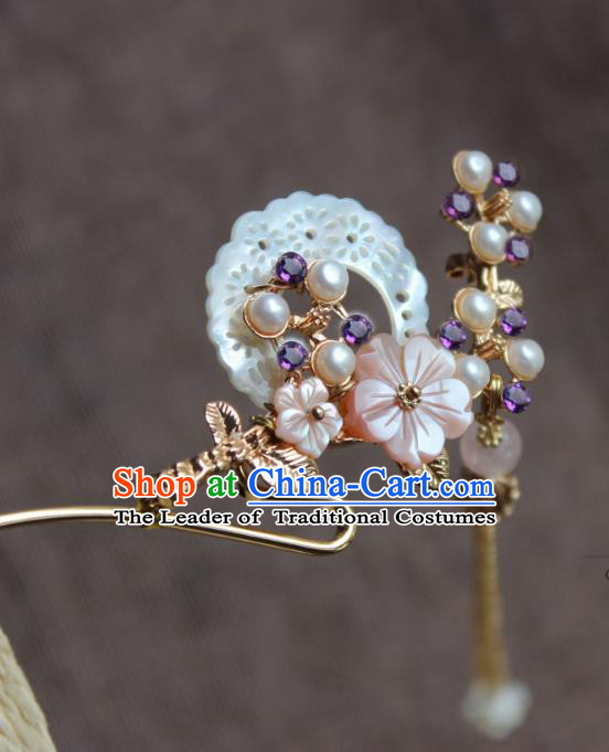 Chinese Ancient Handmade Hair Clip Tassel Step Shake Classical Hair Accessories Hanfu Shell Hairpins for Women