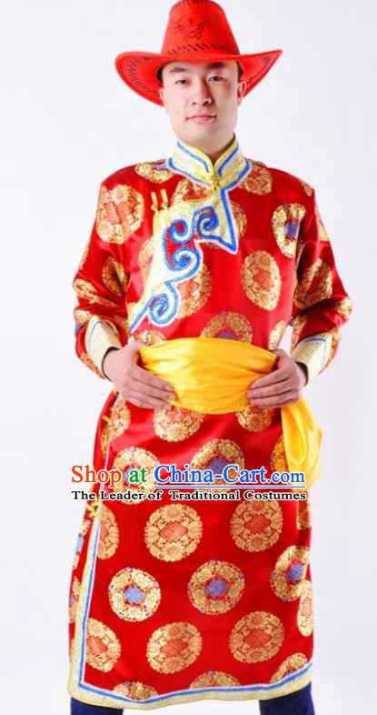 Chinese Mongol Nationality Costume Red Mongolian Robe Traditional Mongolian Minority Folk Dance Clothing for Men