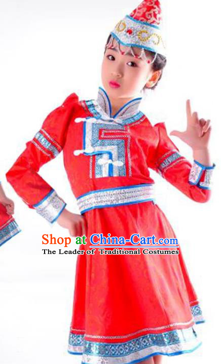 Chinese Mongol Nationality Costume Traditional Mongolian Minority Red Dress for Kids