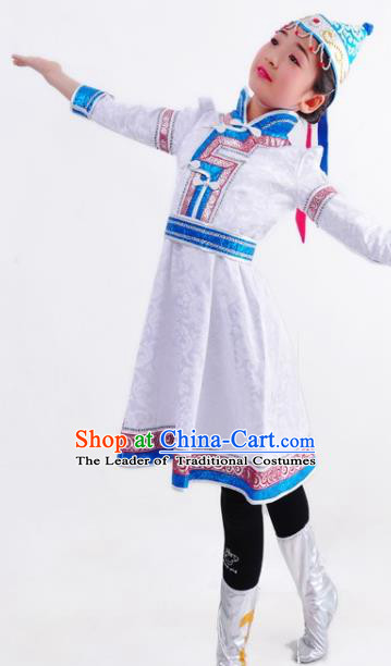 Chinese Mongol Nationality Costume Traditional Mongolian Minority White Dress for Kids