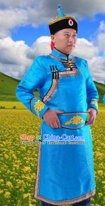 Chinese Mongol Nationality Costume Blue Mongolian Robe Traditional Mongolian Minority Folk Dance Clothing for Men