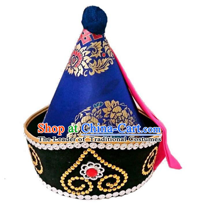 Chinese Handmade Mongol Nationality Wedding Hats Hair Accessories Mongolian Royalblue Hats for Men