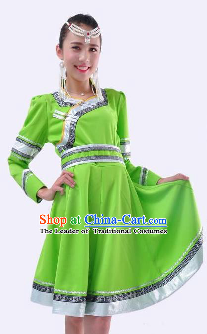 Chinese Mongol Nationality Folk Dance Costume Traditional Minority Green Mongolian Dress for Women