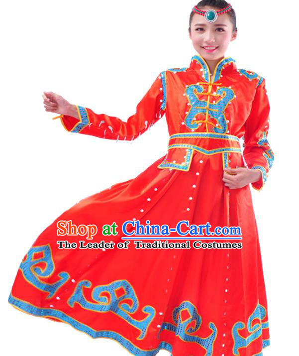 Chinese Mongol Nationality Folk Dance Costume Traditional Mongolian Minority Red Big Swing Dress for Women