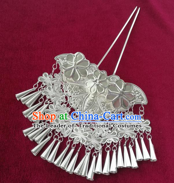 Chinese Traditional Miao Nationality Hair Accessories Hmong Sliver Butterfly Tassel Hairpins Headwear for Women