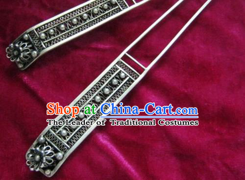 Chinese Traditional Miao Nationality Hair Accessories Hanfu Antique Sliver Hairpins for Women