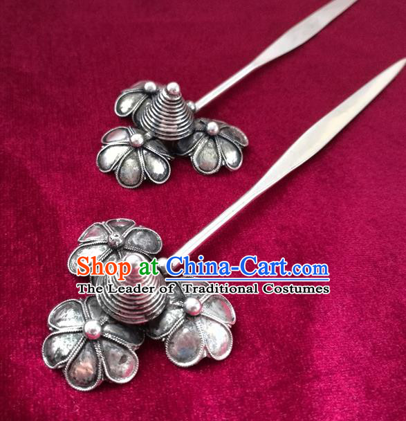 Chinese Traditional Miao Nationality Hair Accessories Hanfu Sliver Flowers Hairpins for Women