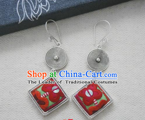 Chinese Handmade Miao Nationality Jewelry Accessories Sliver Embroidered Earbob Hmong Earrings for Women