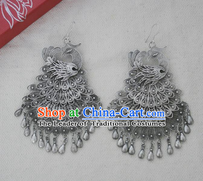 Chinese Handmade Miao Nationality Jewelry Accessories Sliver Phoenix Earrings for Women