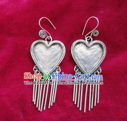 Chinese Handmade Miao Sliver Heart-shaped Eardrop Hmong Nationality Tassel Earrings for Women