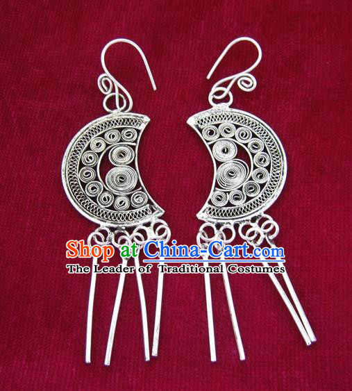 Chinese Handmade Miao Sliver Moon Eardrop Hmong Nationality Earrings for Women