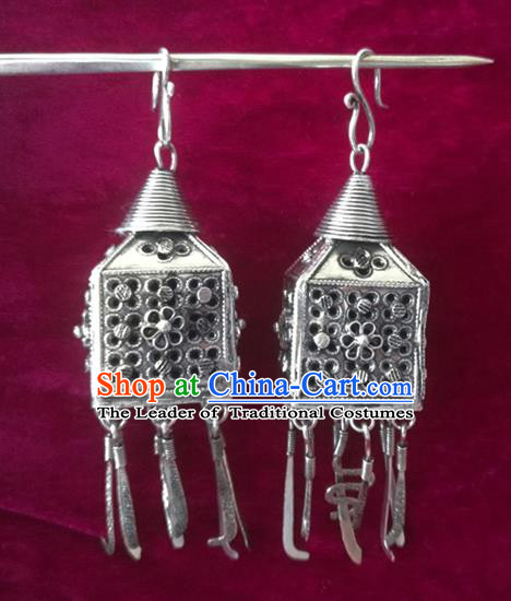 Chinese Handmade Miao Sliver Pierced Eardrop Hmong Nationality Earrings for Women