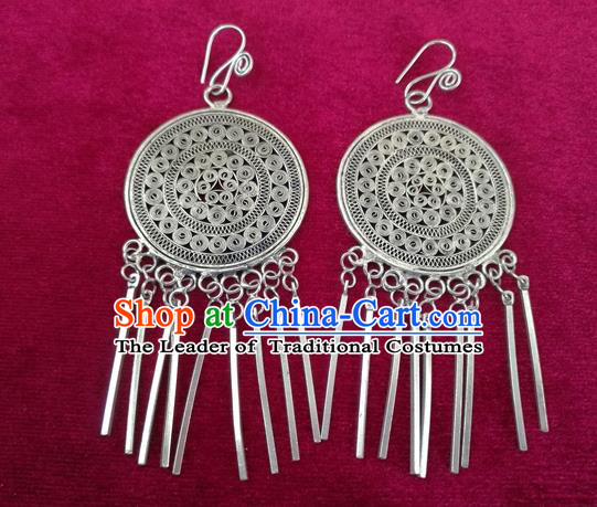 Chinese Handmade Miao Sliver Tassel Eardrop Hmong Nationality Earrings for Women