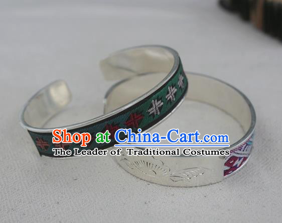 Chinese Miao Sliver Ornaments Bracelet Traditional Hmong Handmade Embroidered Green Sliver Bangle for Women