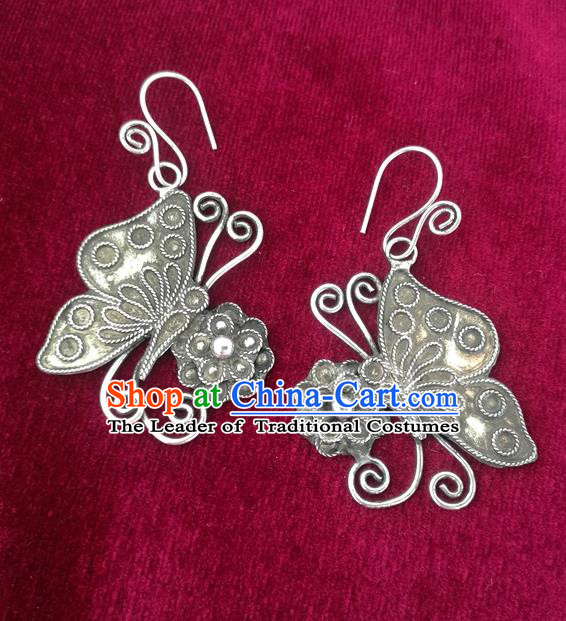 Chinese Miao Sliver Ornaments Sliver Earrings Traditional Hmong Handmade Butterfly Eardrop for Women