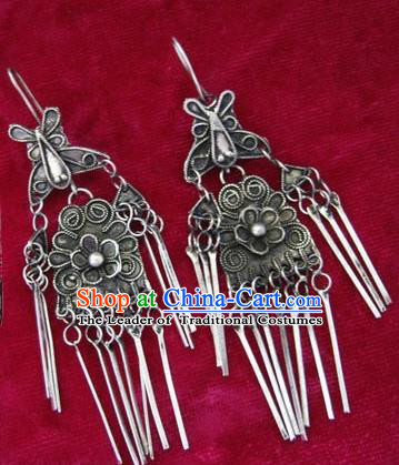 Chinese Handmade Miao Sliver Butterfly Exaggerated Eardrop Hmong Nationality Earrings for Women