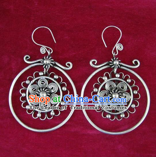 Chinese Handmade Miao Sliver Flower Earrings Hmong Nationality Eardrop Pendant for Women