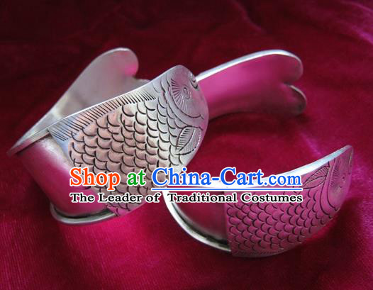 Chinese Miao Sliver Ornaments Carving Fish Bracelet Traditional Hmong Handmade Sliver Bangle for Women