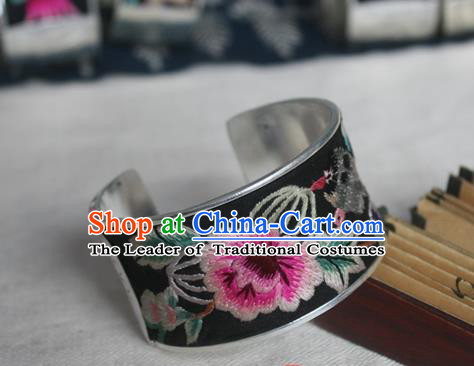 Chinese Miao Sliver Ornaments Bracelet Traditional Hmong Handmade Sliver Embroidered Pink Peony Bangle for Women