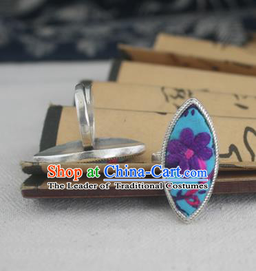 Chinese Traditional Miao Sliver Ornaments Willow Leaf Ring Traditional Hmong Embroidered Blue Rings for Women