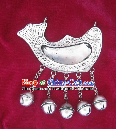 Chinese Miao Sliver Ornaments Carving Fish Necklace Traditional Hmong Necklet Pendant for Women