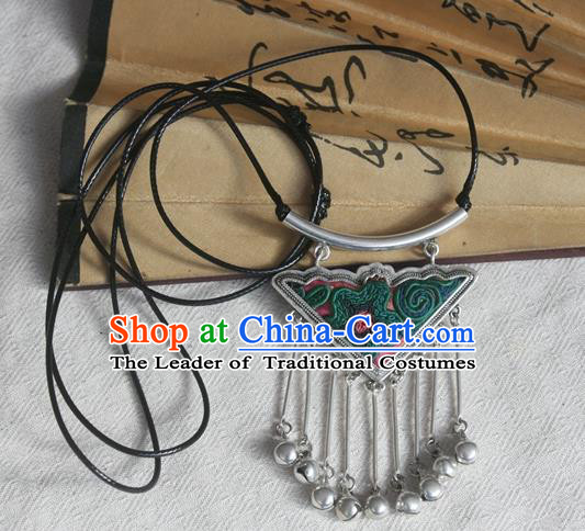 Chinese Miao Sliver Bells Tassel Sweater Chain Ornaments Traditional Hmong Embroidered Necklace for Women