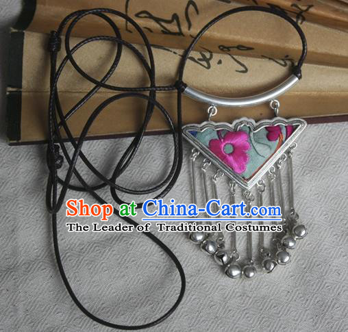 Chinese Miao Sliver Bells Tassel Sweater Chain Ornaments Traditional Hmong Embroidered Light Green Necklace for Women