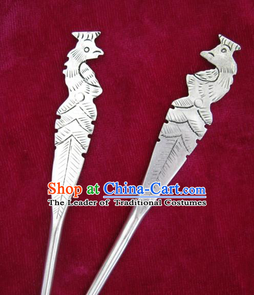 Traditional Chinese Miao Nationality Carving Phoenix Hair Clip Hanfu Sliver Hairpins Hair Accessories for Women